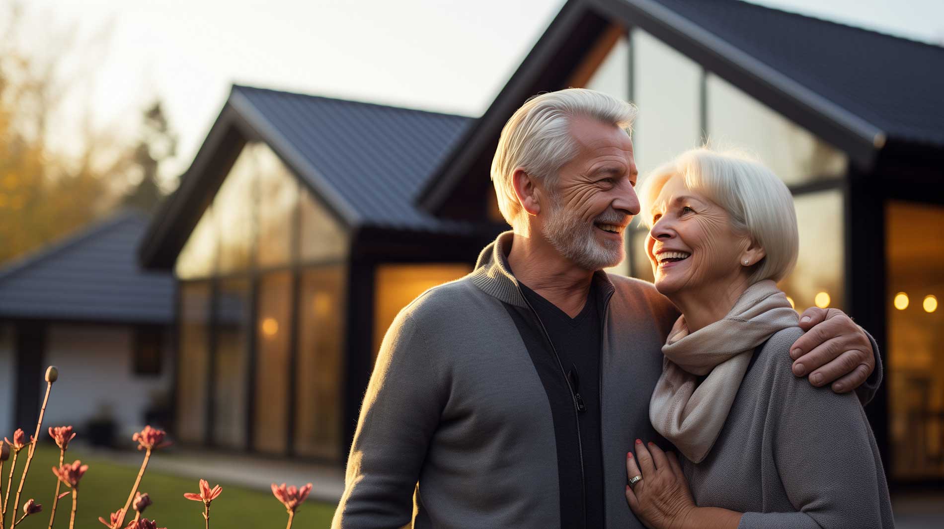 elderly couple smiling outside of the house