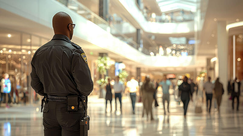 adult man security guard observing busy shopping mall