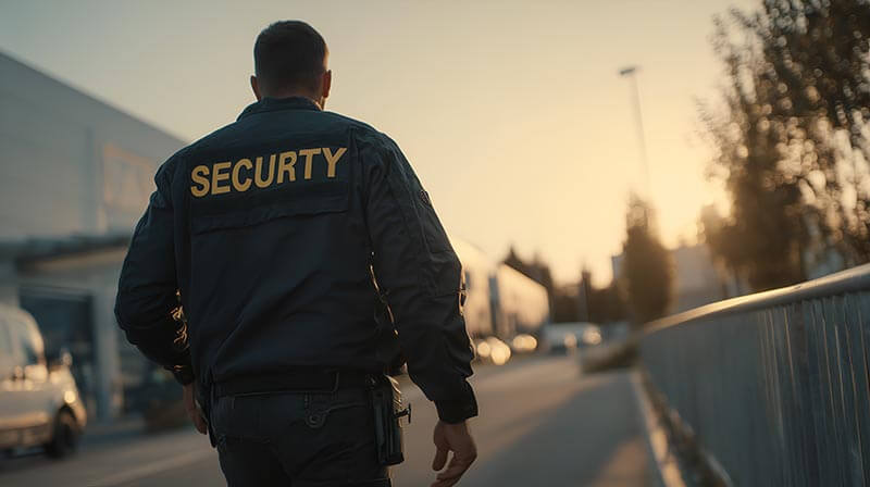 security guard patrolling at sunset